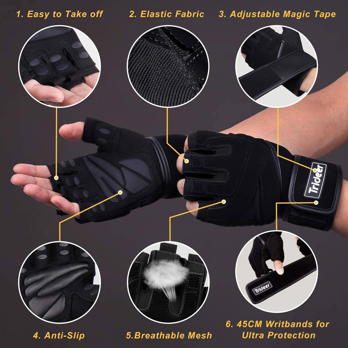 Trideer Guantes de Entrenamiento Acolchados para Hombres - Guantes de Levantamiento de Pesas para Gimnasio con Muñequera, Protección Completa para la Palma y Empuñaduras Extra