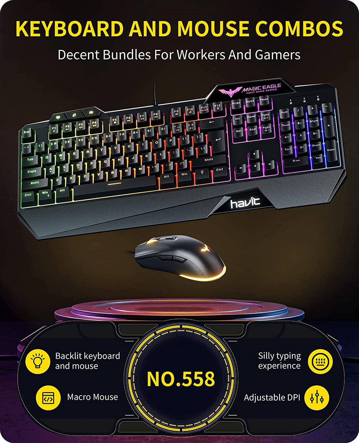 Havit - Combo de teclado y mouse para juegos, teclados de computadora retroiluminados y mouse para juegos RGB, accesorios para juegos Teclado para juegos de PC de 104 teclas con mouse DPI 4800 para Gamer, negro