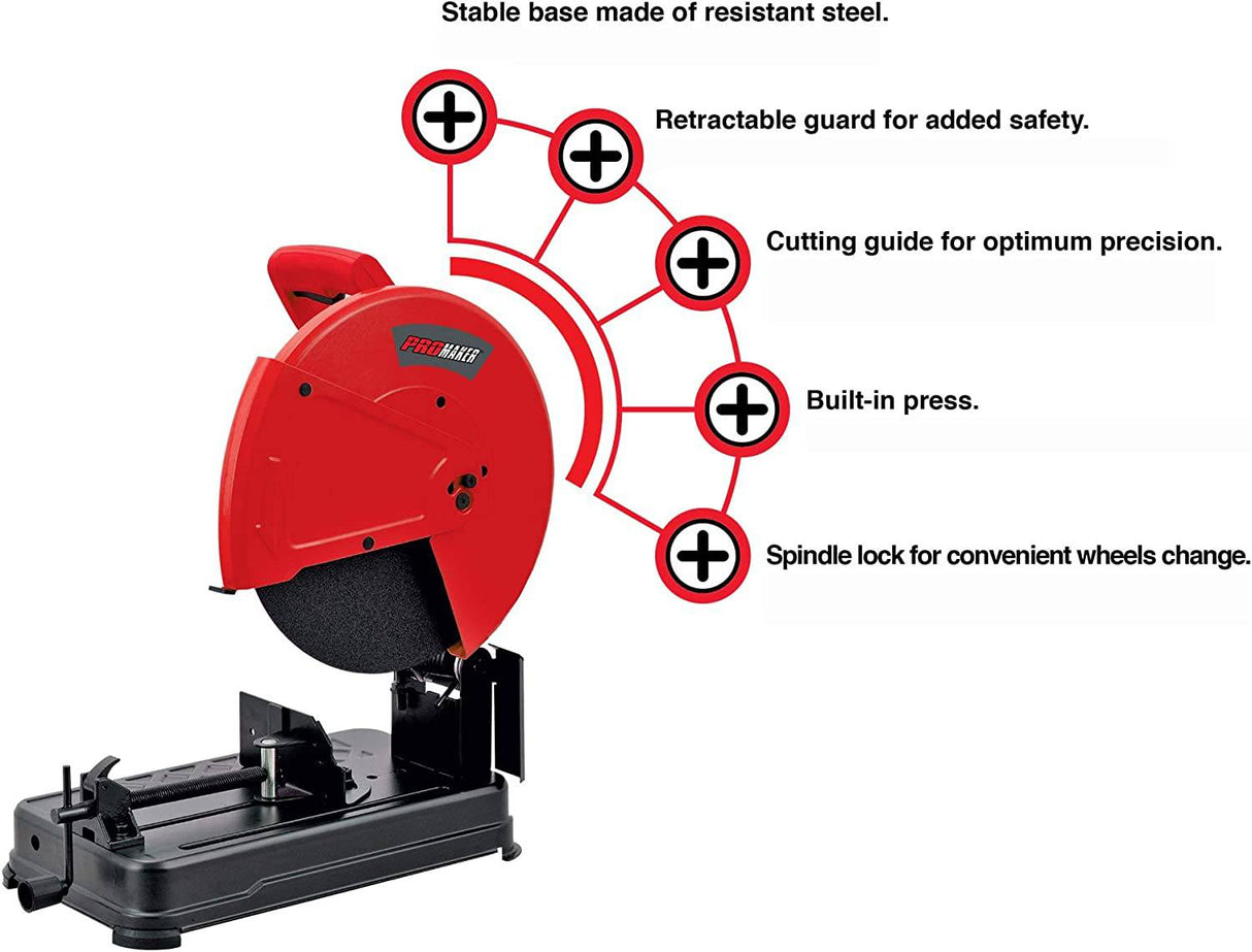 PROMAKER, sierra tronzadora para trabajo pesado de 14 pulgadas, 20 AMP 2400W 40000RPM, para metal ajustable de 0 a 45°, sierra de corte de diámetro de hoja, corte de hoja de metales pesados, sierra ingletadora para cortar metal, PRO-TZ2400 - DIGVICE MX