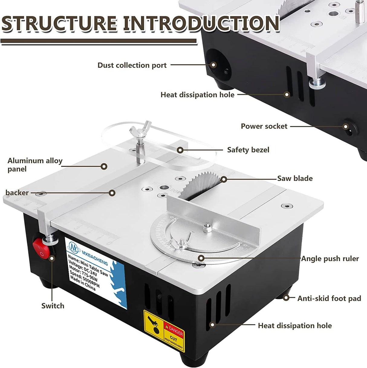 MXBAOHENG Mini sierra de mesa de precisión portátiles para manualidades, profundidad de corte ajustable, 4 cuchillas, fuente de alimentación de velocidad ajustable de 96 W, para corte de madera, metal y plástico - DIGVICE MX
