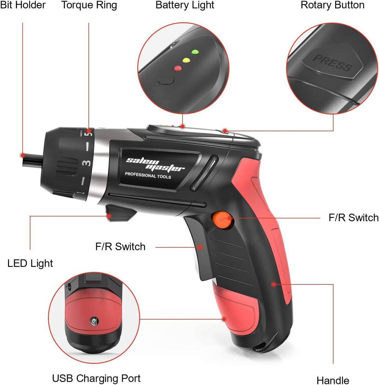 Destornillador inalámbrico MASTER de SALEM, destornillador eléctrico recargable, pistolas de tornillo de iones de litio de 4,8 V con indicador de batería - DIGVICE MX