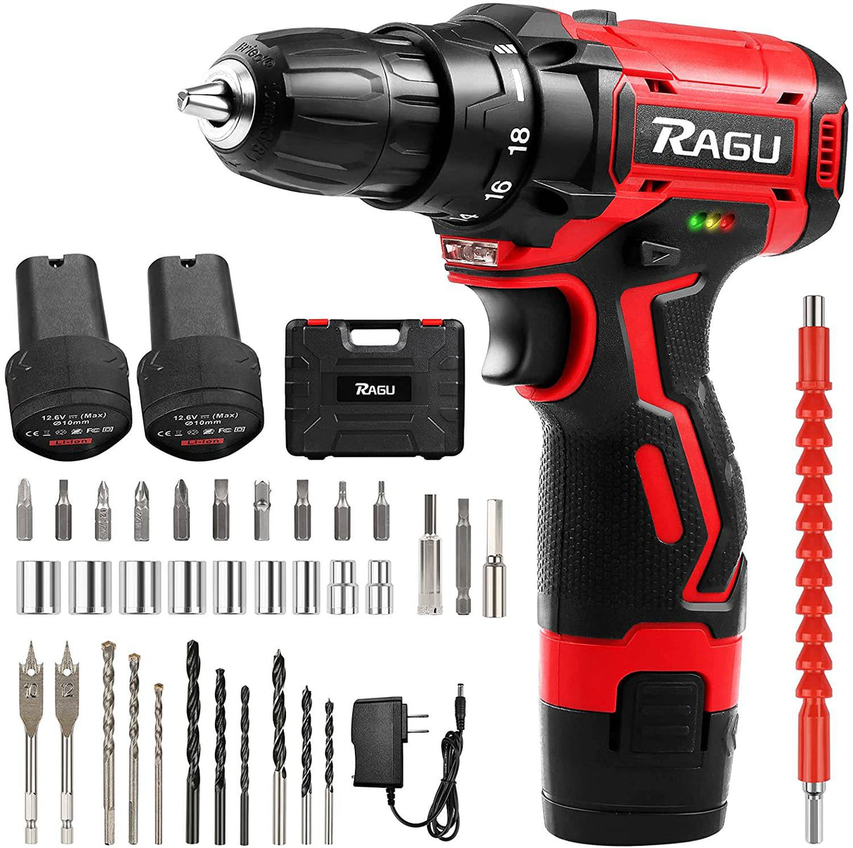 Ragu Kit de taladro inalámbrico de 12,6 V, taladro eléctrico con 2 baterías y cargador, 34 piezas, ajuste de par de 18+1, portabrocas sin llave de 3/8 pulgadas 30 Nm máximo, destornillador eléctrico con 2 velocidades, luz LED para proyectos de bricolaje - DIGVICE MX