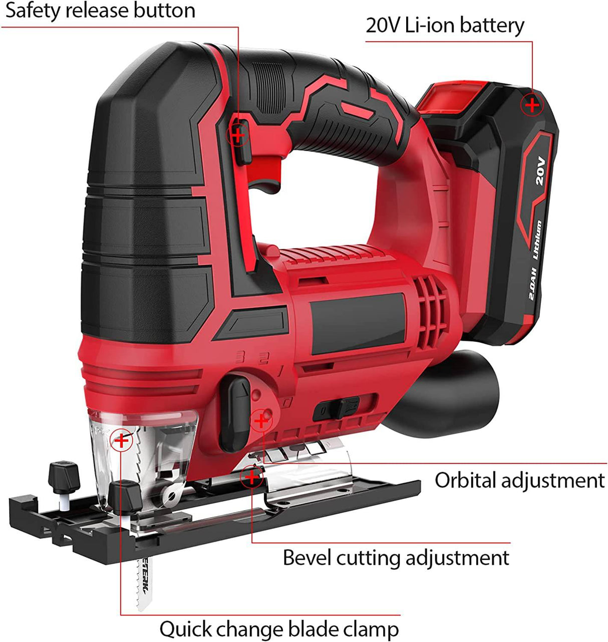 Michark Sierra de calar inalámbrica de 20 V para carpintería con LED, 4 orbitales, velocidad variable, ángulo de bisel de ±45°, 10 hojas, regla de escala, cambio de hoja sin herramientas, batería, bolsa de transporte y cargador rápido incluidos - DIGVICE MX