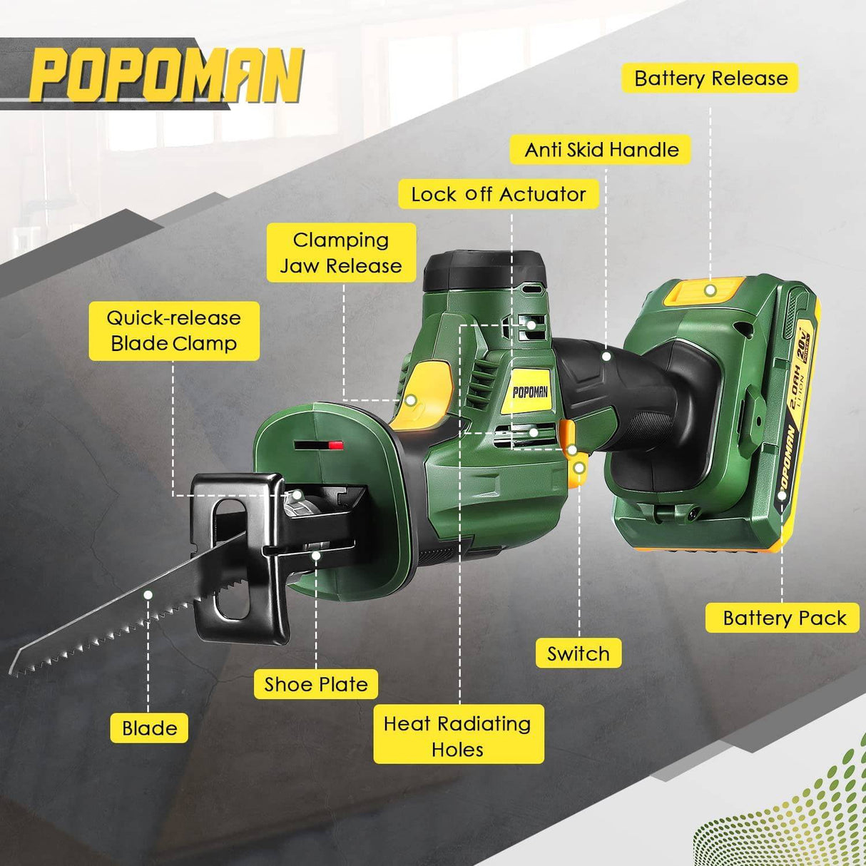 POPOMAN PMRS01D Sierra de sable inalámbrica de 20 V con mordaza de sujeción, velocidad variable de 0 a 2800 SPM, con batería de 2,0 Ah y cargador rápido de 1 H, longitud de carrera de 4/5" (20 mm), 3 cuchillas para corte de metal y madera - DIGVICE MX