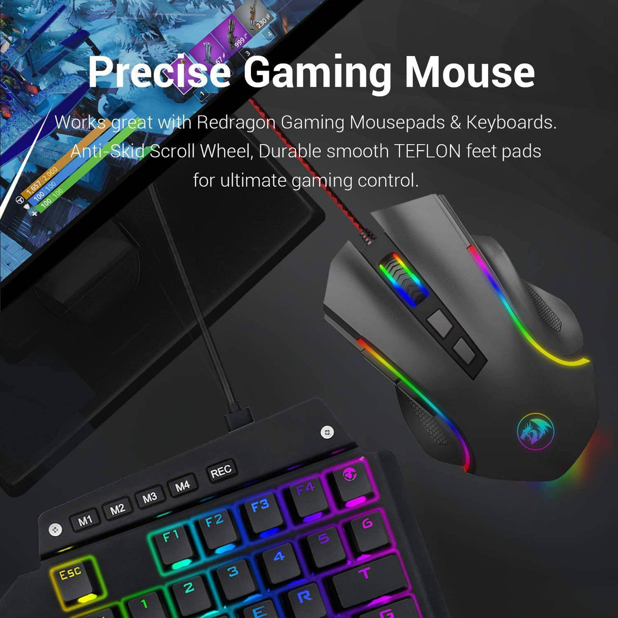 Redragon M602 RGB Ratón para juegos con cable RGB Spectrum Retroiluminado Ratón ergonómico Griffin programable con 7 modos de retroiluminación hasta 7200 DPI para jugadores de PC con Windows (negro)