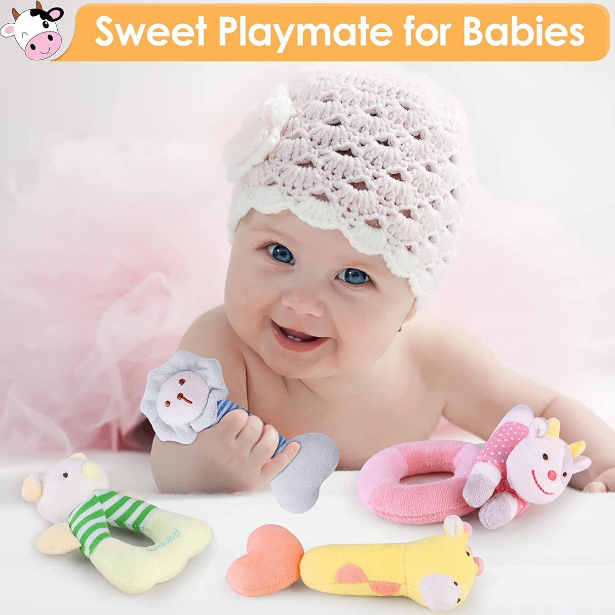 iPlay, iLearn 4 juguetes de peluche para bebé con sonajero suave, agitador sensorial de mano, juego de animales de peluche de granja - B077PS65DG