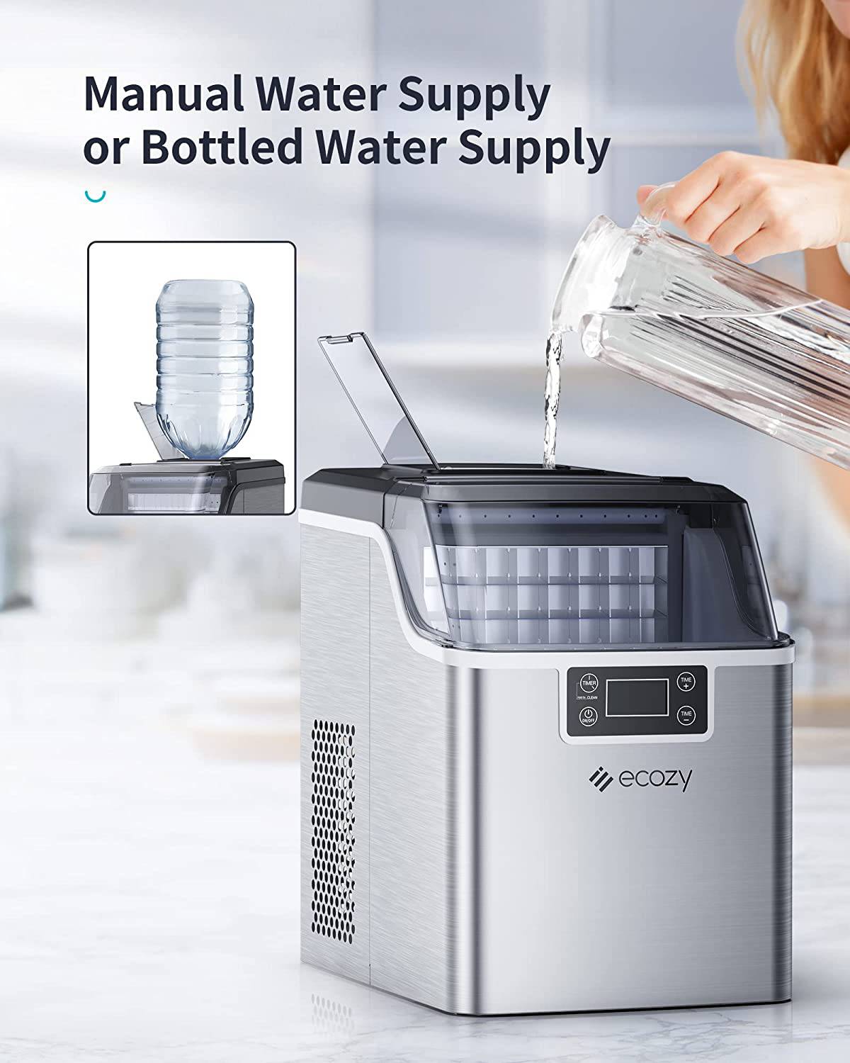 Ecozy - Encimera portátil para hacer hielo, 44 libras por día, 24 cubos listos en 13 minutos, 2 formas de añadir agua, máquina de hielo autolimpiante - DIGVICE MX