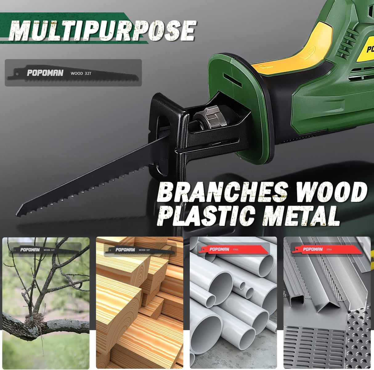 POPOMAN PMRS01D Sierra de sable inalámbrica de 20 V con mordaza de sujeción, velocidad variable de 0 a 2800 SPM, con batería de 2,0 Ah y cargador rápido de 1 H, longitud de carrera de 4/5" (20 mm), 3 cuchillas para corte de metal y madera - DIGVICE MX