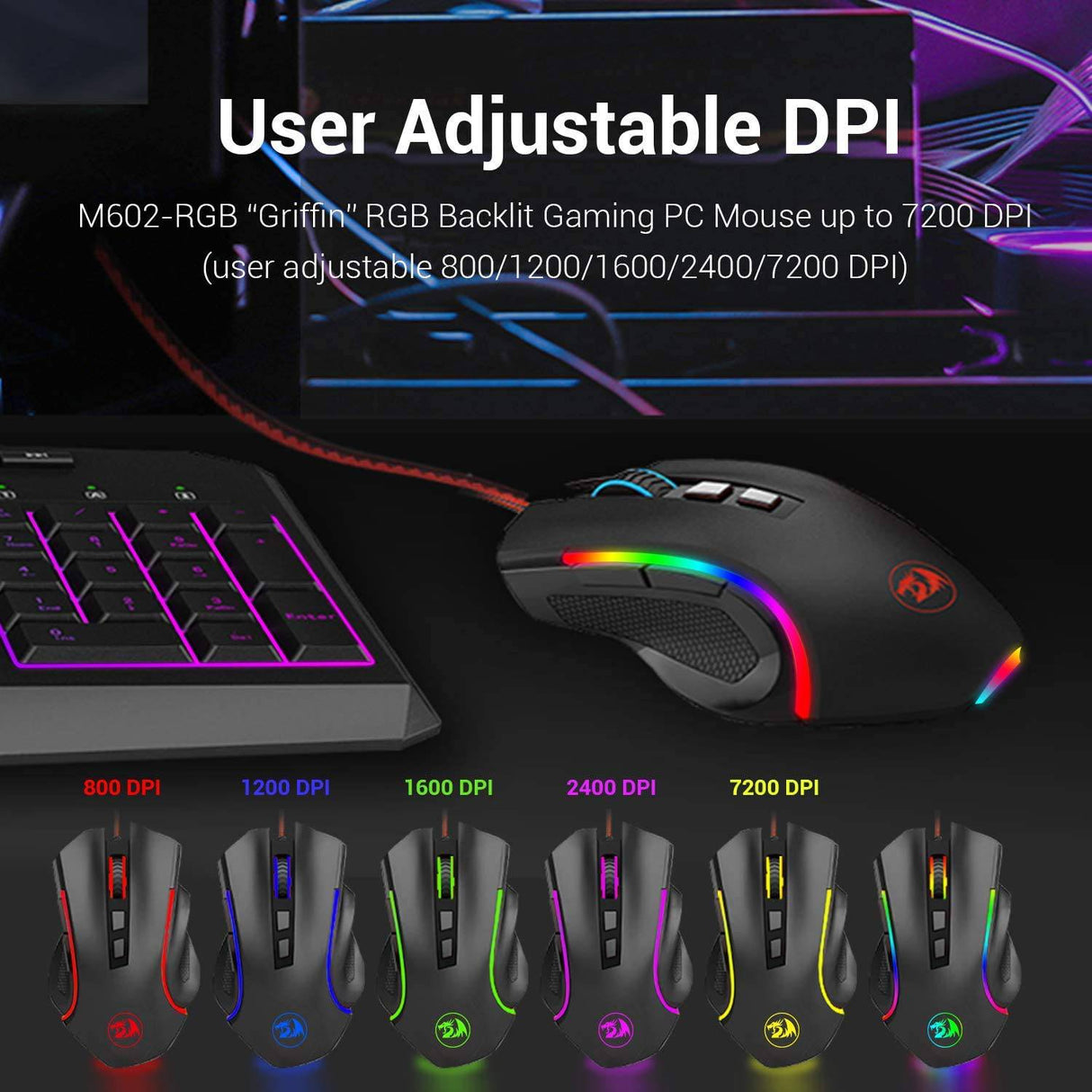 Redragon M602 RGB Ratón para juegos con cable RGB Spectrum Retroiluminado Ratón ergonómico Griffin programable con 7 modos de retroiluminación hasta 7200 DPI para jugadores de PC con Windows (negro)