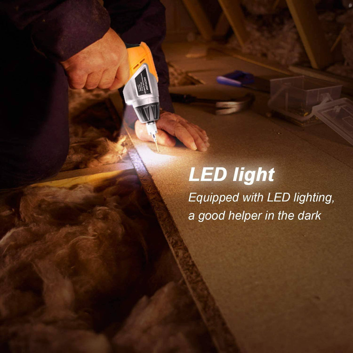 Destornillador eléctrico inalámbrico, NOUVCOO 47 piezas de pistolas de tornillo recargables con luces LED integradas, 7 ajustes de par, batería de iones de litio de 3,6 V 1300 mAh, accesorios completos para bricolaje doméstico, amarillo - DIGVICE MX