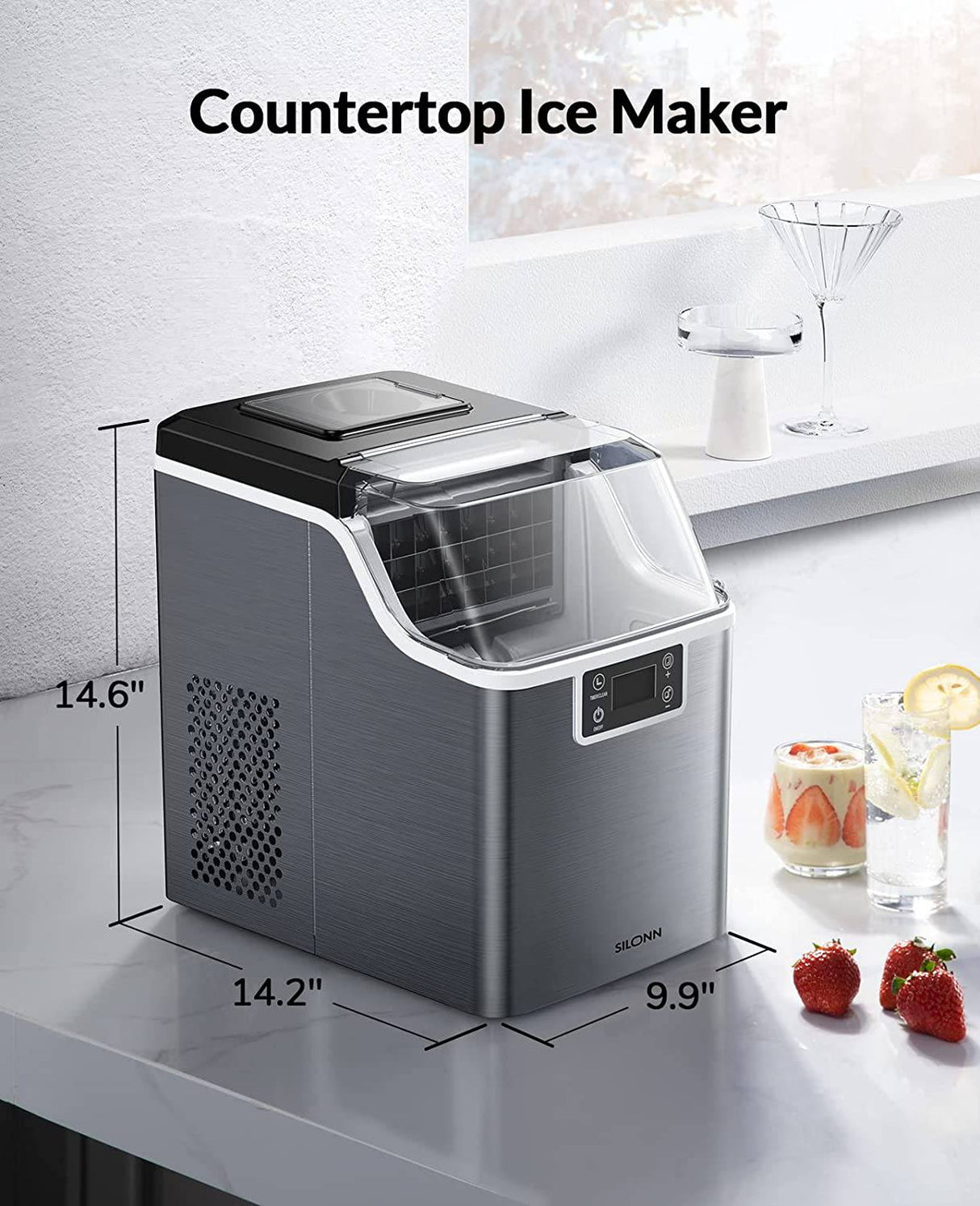 Silonn Countertop Ice Cube Ice Makers, 45 libras por día, autolimpieza automática, 24 cubitos de hielo en 13 minutos, 2 formas de añadir agua, máquina de hielo compacta para el hogar, oficina, bar, fiesta, SLIM02 - DIGVICE MX