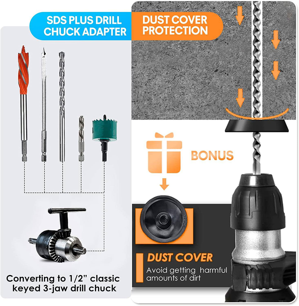 SHALL Taladro de martillo rotatorio de alta resistencia SDS-Plus de 1-1/4 pulgadas, rotomartillo de 12,5 amperios, una perilla, 4 funciones con control de vibración, cincel plano, cincel de punta y 3 brocas incluidas, 950 RPM - DIGVICE MX