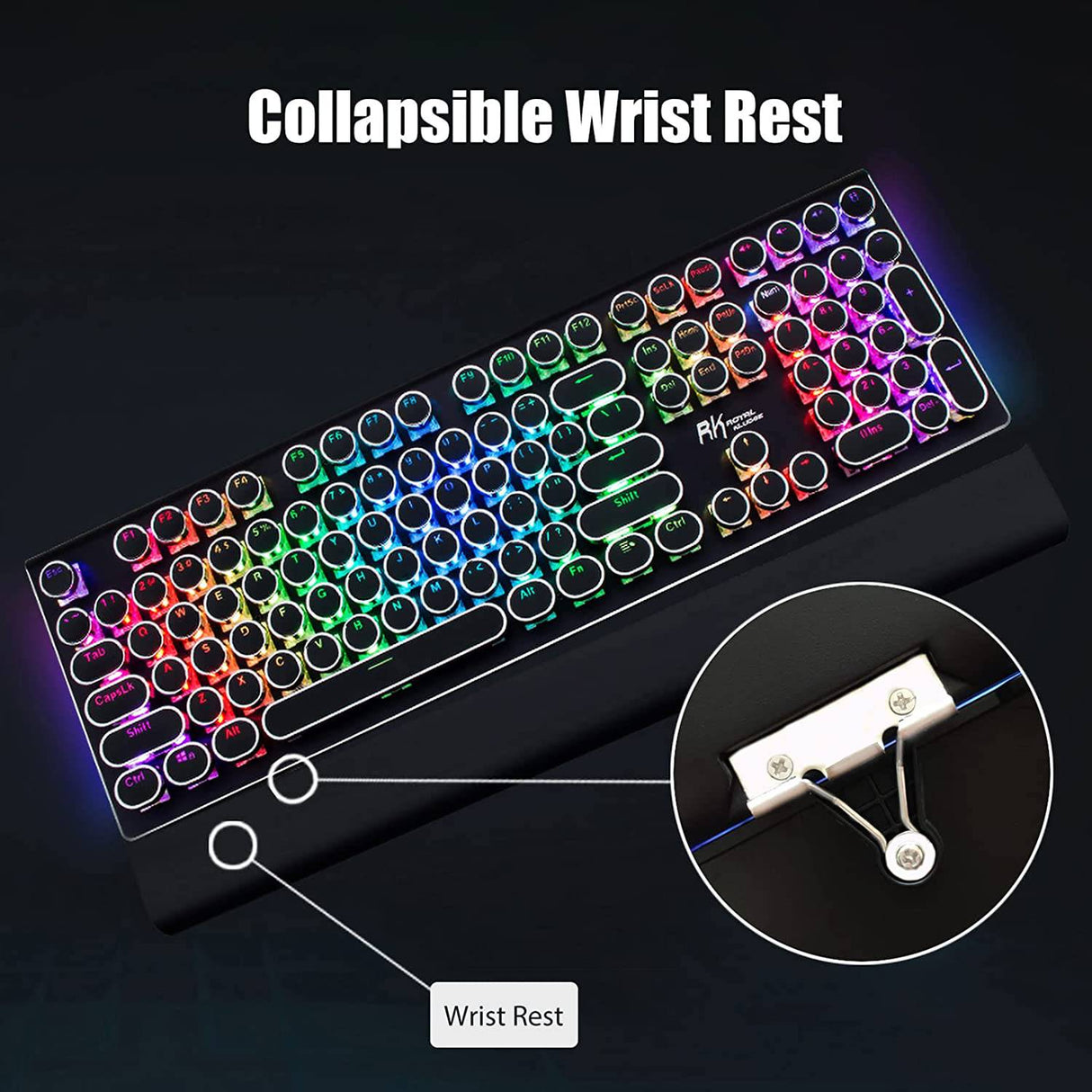 RK ROYAL KLUDGE Teclado mecánico para juegos estilo máquina de escribir con verdadero RGB retroiluminado Reposamuñecas plegable Interruptor azul de 108 teclas Tecla redonda retro - Negro