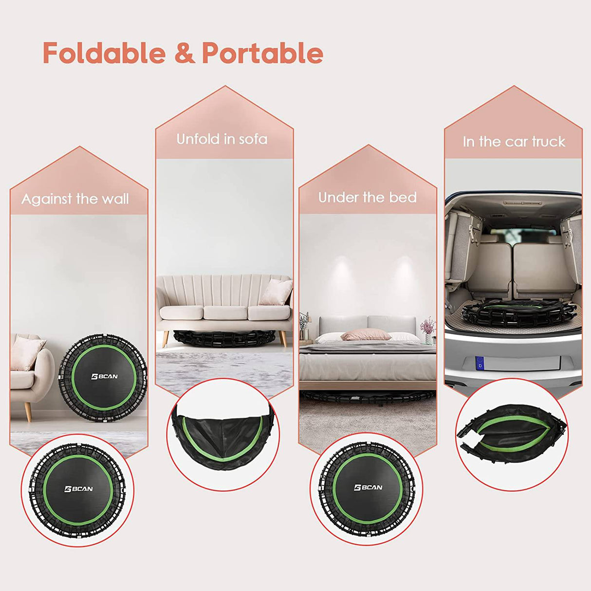 BCAN 300LBS/450LBS Mini trampolín plegable, 38" Fitness Trampoline con almohadilla de seguridad/cuerdas elásticas, rebote de ejercicio estable y silencioso para niños adultos entrenamiento en interior/jardín