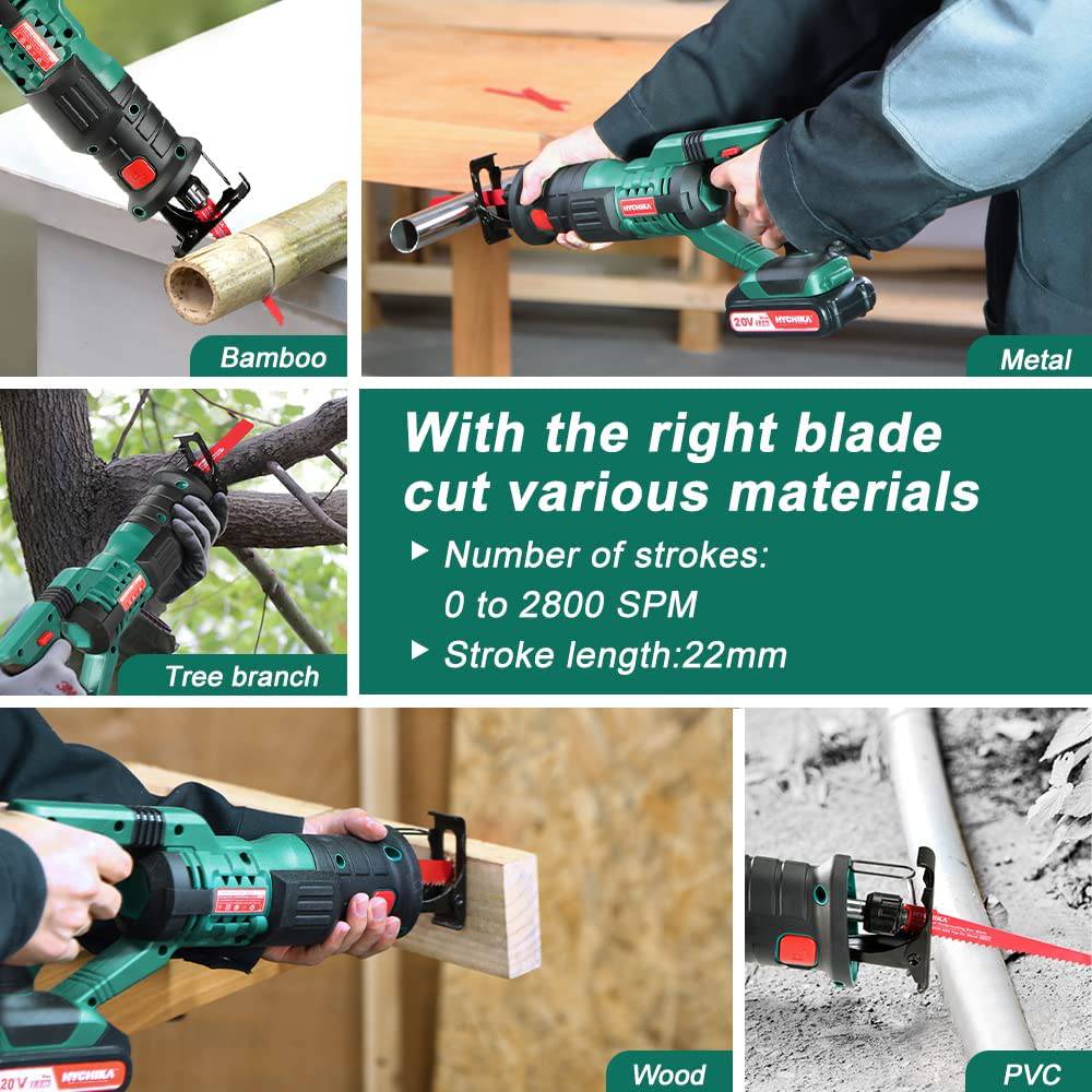 HYCHIKA Sierra alternativa inalámbrica 20V 2Ah 2 baterías 4 hojas de sierra, 0-2800SPM Velocidad variable, 7/8 "Longitud de carrera Cambio de hoja sin herramientas Luz LED para poda de corte de madera y metal - DIGVICE MX