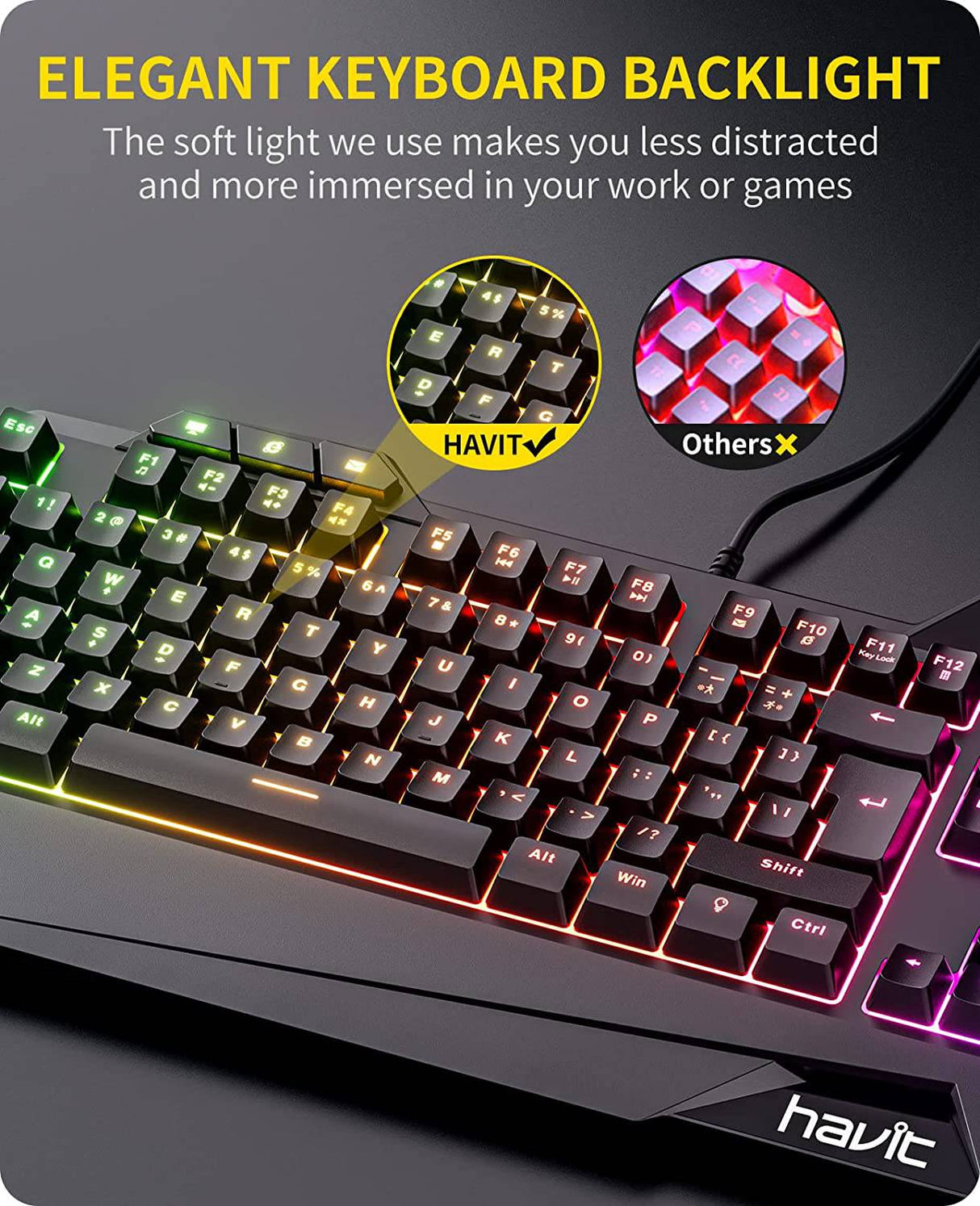 Havit - Combo de teclado y mouse para juegos, teclados de computadora retroiluminados y mouse para juegos RGB, accesorios para juegos Teclado para juegos de PC de 104 teclas con mouse DPI 4800 para Gamer, negro