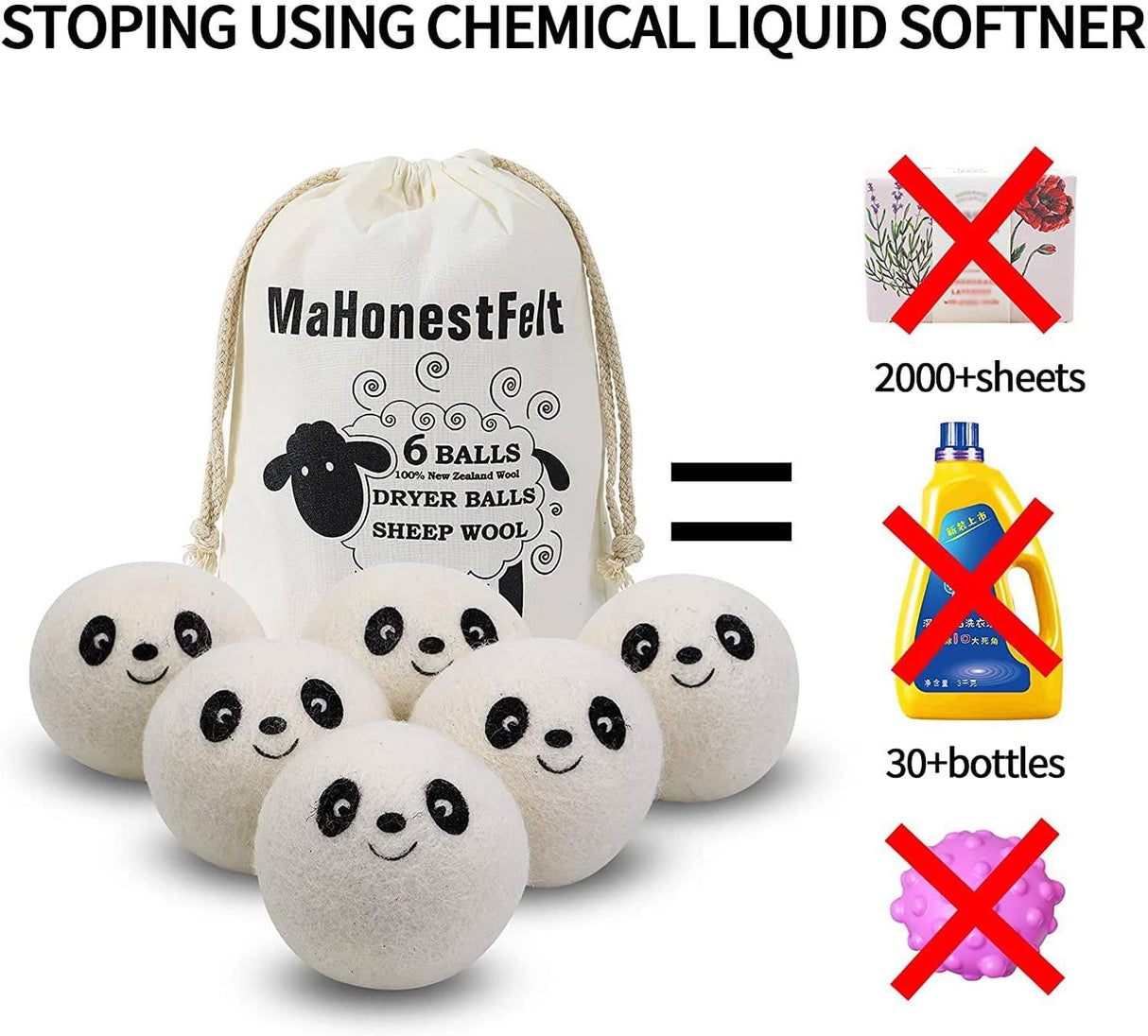 MaHonestFelt Bolas de secadora de lana - Suavizante de telas naturales, reutilizable, reduce las arrugas de la ropa y ahorra tiempo de secado. Suavizante de telas sin pelusas hecho a mano de comercio justo blanco (paquete de 6) - DIGVICE MX