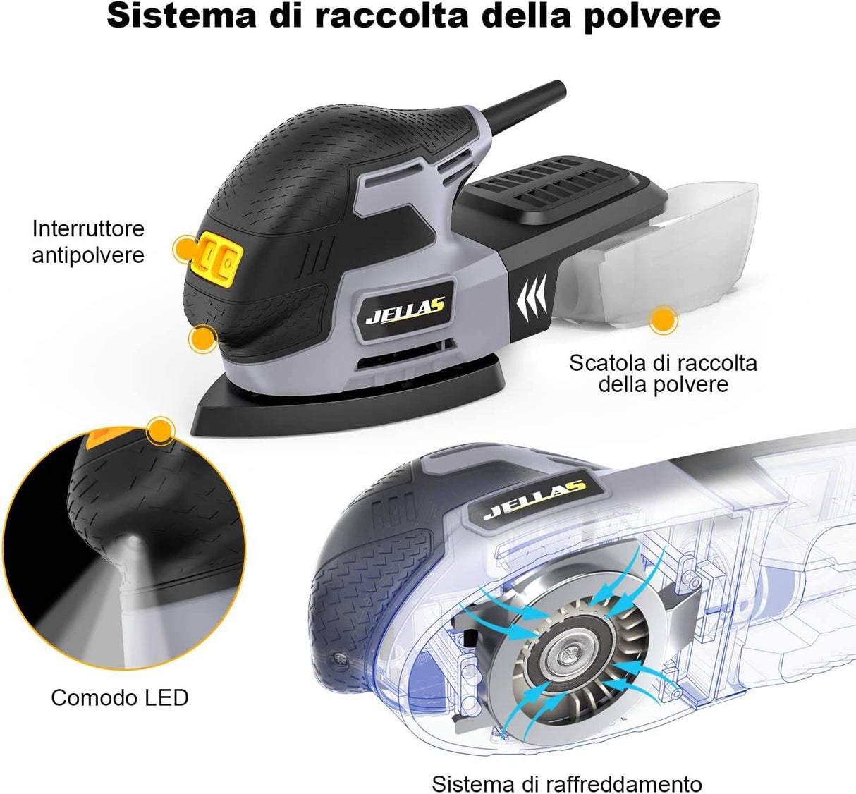 JELLAS - Lijadora de detalles , compacta para madera, lijadoras de 13,000 RPM, lijadora de mano de 2 amperios con 12 papeles de lija estándar, almohadillas de lijado incluidas, MS220-SD - DIGVICE MX