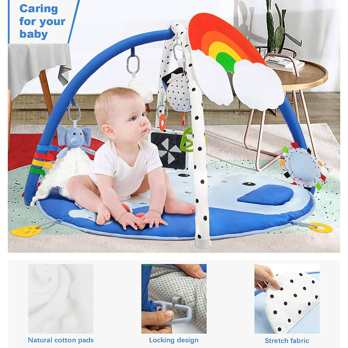 SYNPOS Baby Gym Play Mat, Baby Play Mat con 10 juguetes para el desarrollo de habilidades sensoriales y motoras, Baby Gym Activity Mat con manta de seguridad de elefante, Rainbow Play Mat - DIGVICE MX