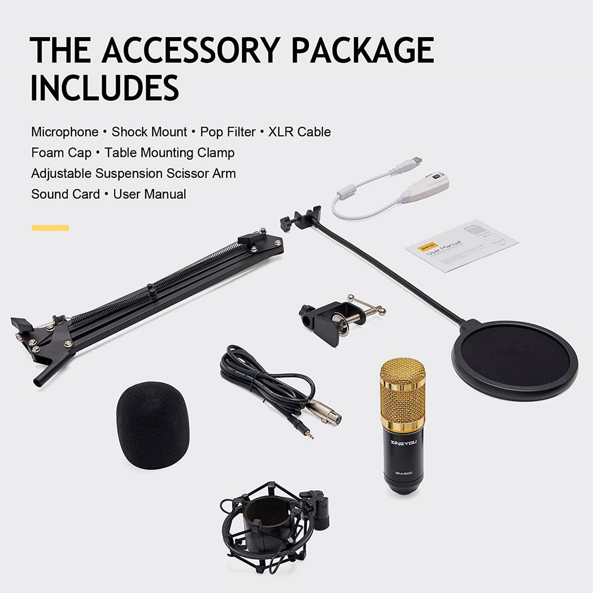 ZINGYOU - Micrófono de condensador, kit de micrófono BM-800 con brazo de tijera de suspensión de micrófono ajustable, soporte de choque de metal y filtro pop de doble capa para grabación y transmisión de estudio (dorado)