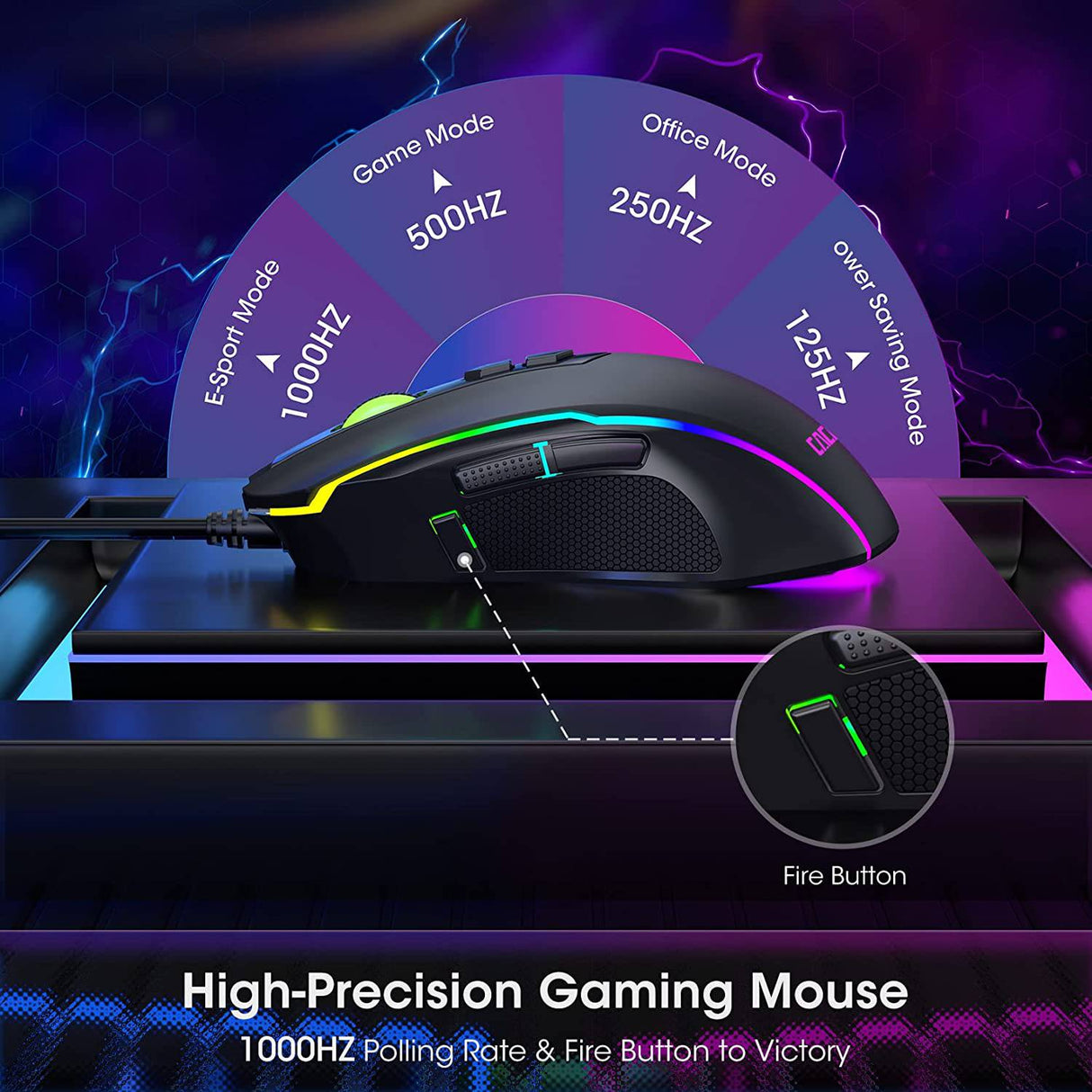 Cackbird Ratón para juegos RGB con cable, ratón para juegos de PC con 8 botones programables, retroiluminación Chroma RGB, 7200 DPI ajustable, empuñaduras laterales de goma, memoria integrada, ratón ergonómico USB