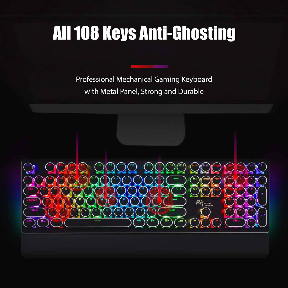 RK ROYAL KLUDGE Teclado mecánico para juegos estilo máquina de escribir con verdadero RGB retroiluminado Reposamuñecas plegable Interruptor azul de 108 teclas Tecla redonda retro - Negro