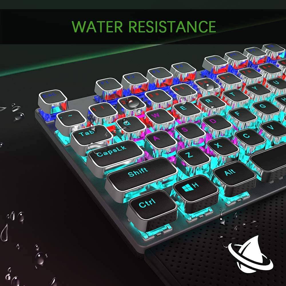 Fiodio - Teclado mecánico para juegos, retroiluminación LED Rainbow Gaming, 104 teclas anti-efecto fantasma, interruptores negros de respuesta rápida, control multimedia para PC y computadora de escritorio, con reposamanos extraíble