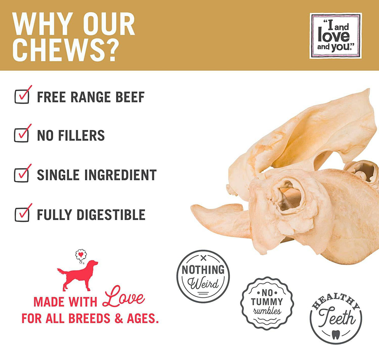 "I and love and you" Ear Candy Cow Ear Strips - Masticables para perros sin granos, 100% golosinas para orejas de ternera para perros grandes y pequeños, Free Range & Grass Fed Beef, 2.5 onzas - DIGVICE MX