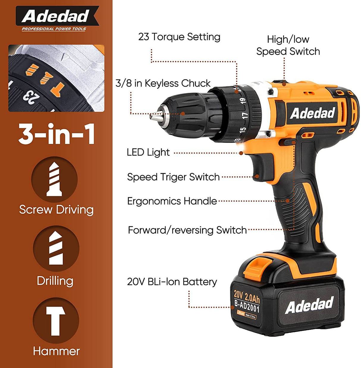 Adedad Juego de brocas inalámbricas de 20 V con 2 piezas de batería de iones de litio de 2.0 Ah y cargadores, taladro de mano eléctrico de 300 in-lb incluye 23+1 embrague de metal, 2 velocidades variables, luz LED - DIGVICE MX