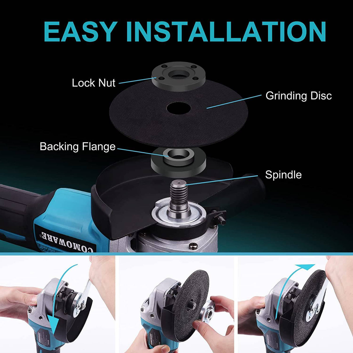 COMOWARE Kit de amoladora angular inalámbrica sin escobillas de 20 V, 4-1/2 pulgadas, herramienta de amoladora angular ligera con batería de iones de litio de 4,0 Ah y cargador rápido, posición ergonómica del botón para reducir la presión de la mano - DIGVICE MX