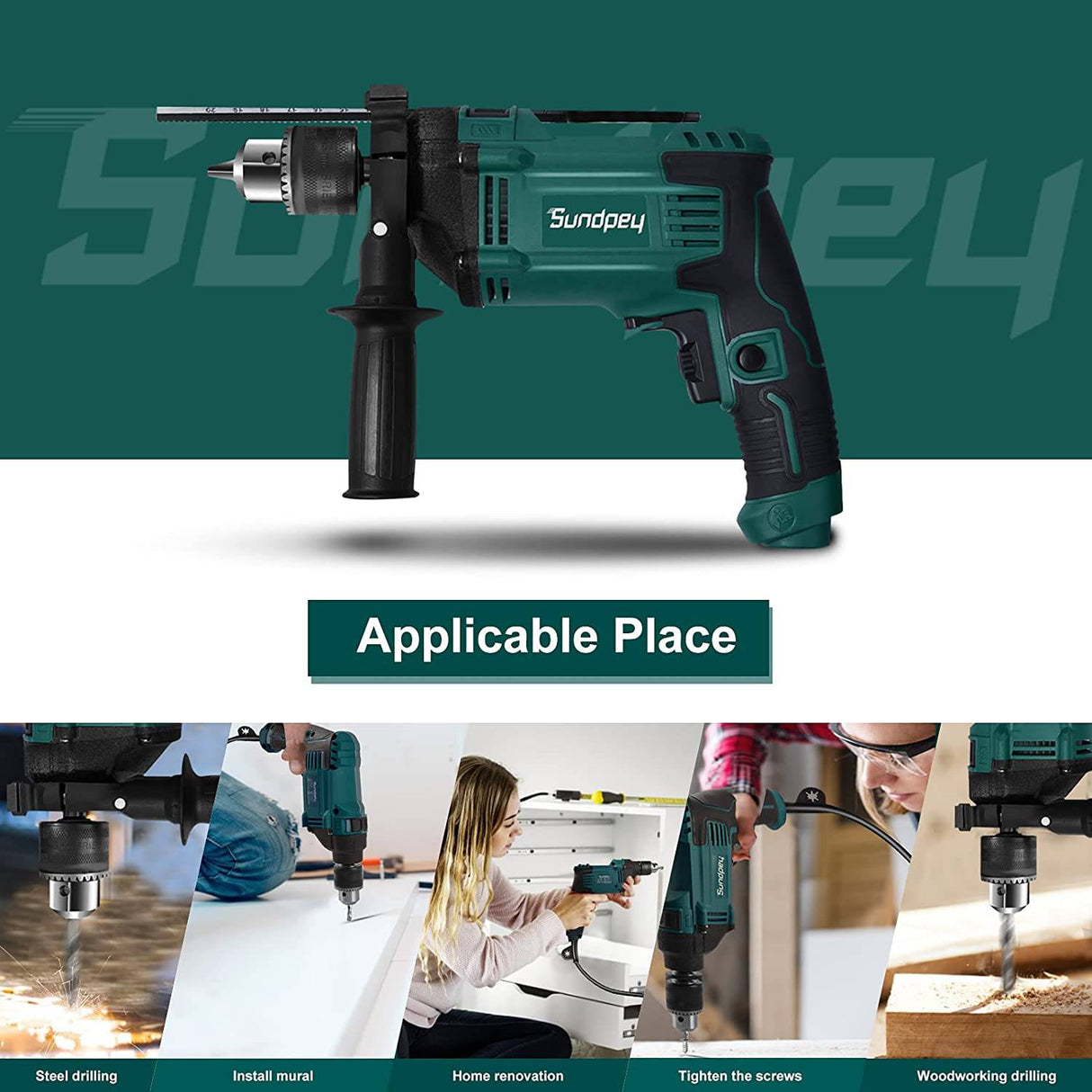 Sundpey Taladros eléctricos con cable - 1/2 pulgada 710W Velocidad variable 0-2800rpm Juego de 80 piezas Taladro de impacto con cable Dos modos Manija giratoria Medidor de profundidad para mejorar el hogar Construcción Concreto - DIGVICE MX
