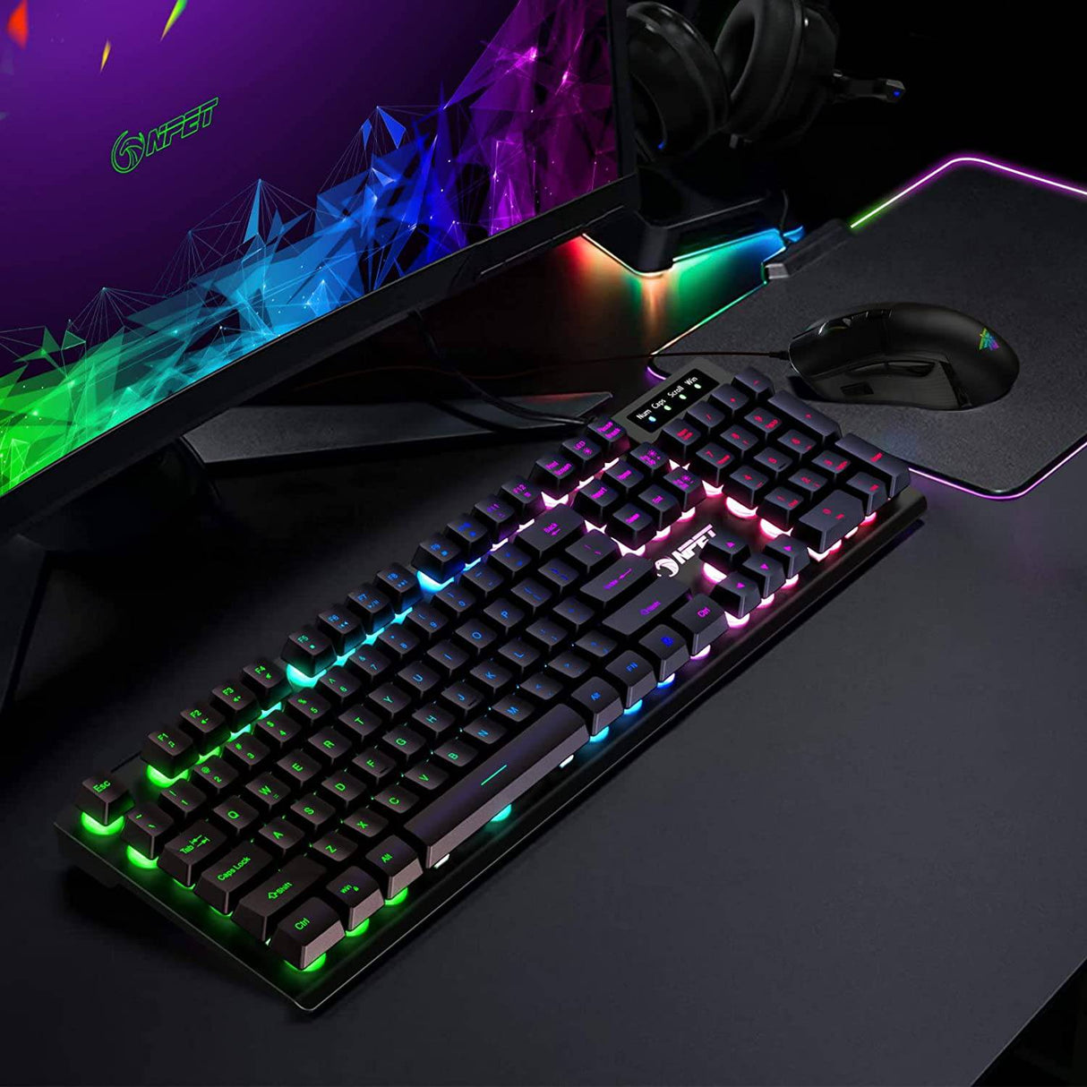 NPET K10 - Teclado para juegos, retroiluminación RGB, diseño resistente a derrames, teclas multimedia, teclado de membrana USB silencioso y silencioso para escritorio, computadora, PC (negro)