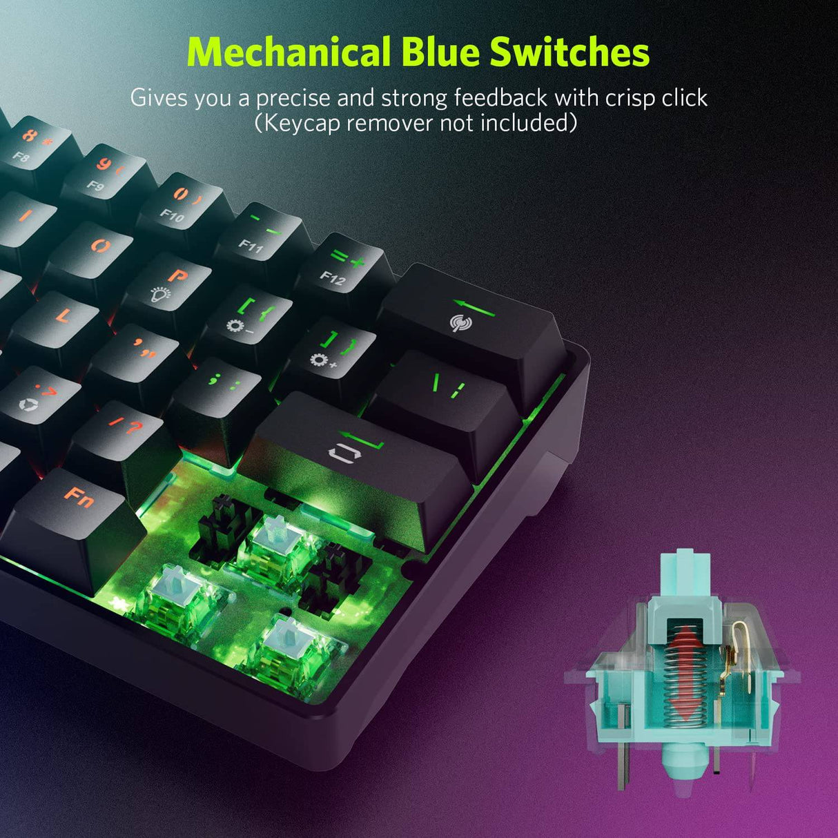 Fiodio 61 teclas RGB inalámbrico y teclado mecánico para juegos con cable con interruptores azules, sonido de clic audible Arco iris portátil compacto mini teclado de oficina para juegos de PC con Windows, (F-SG61)