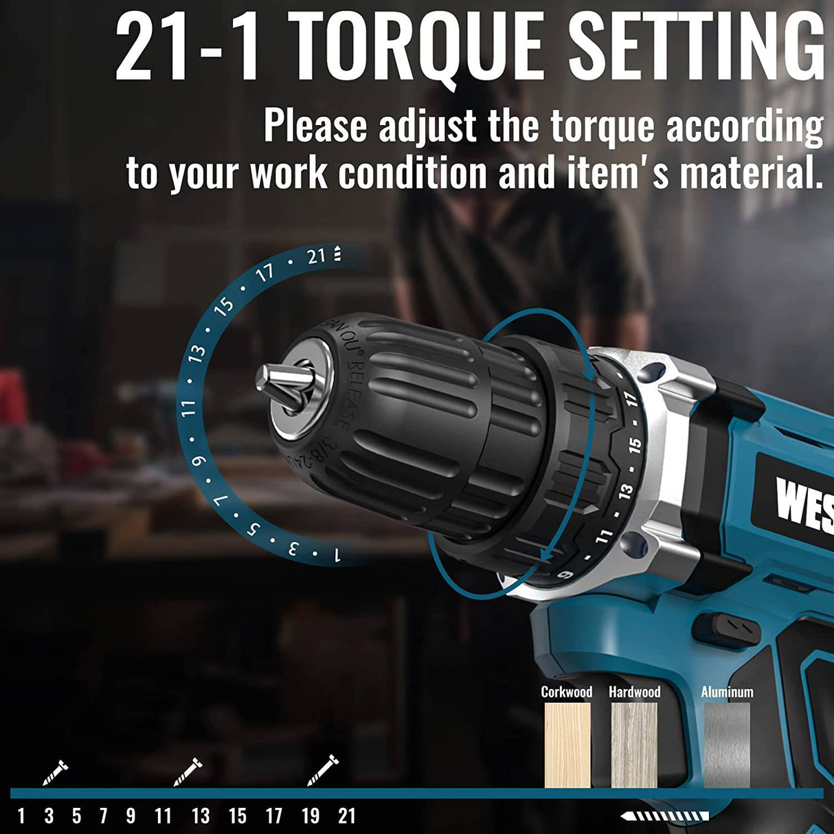 Taladro/conductor inalámbrico, juego de taladro eléctrico WESCO de 20 V con batería de iones de litio y cargador, embrague de 21+1, par de 120 In-lb, portabrocas sin llave de 3/8", luz LED y caja de almacenamiento incluida/WS2972KU - DIGVICE MX