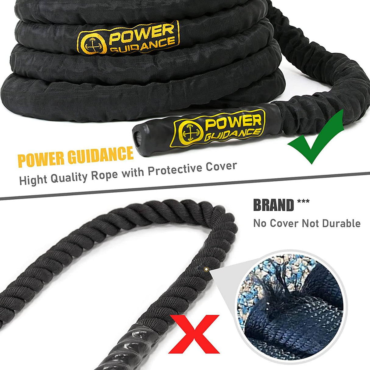POWER GUIDANCE Cuerda de batalla, 1.5 pulgadas de diámetro Poly Dacron 30 pies de longitud Equipo de ejercicio para gimnasio en casa y entrenamiento al aire libre, ancla de cuerda de batalla incluida