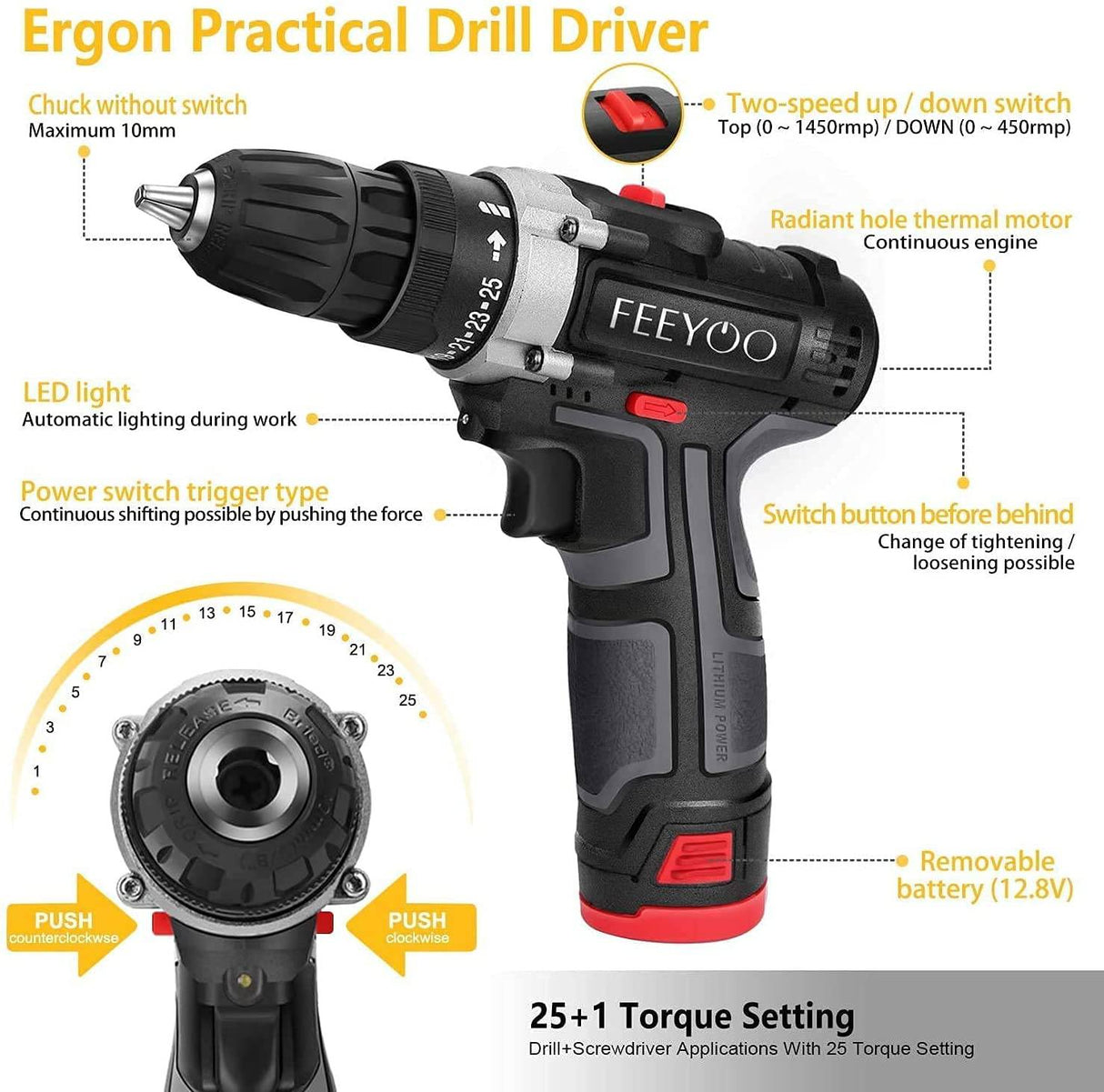 FEEYOO - Juego de taladro inalámbrico con 2 baterías, 12.8V 28Nm potente destornillador eléctrico conjunto de 31 piezas (2x3900mAh baterías, 2 velocidades, 25+1 embrague, 0.394 in mandril automático, luz LED incorporada) para proyectos de bricolaje - DIGVICE MX