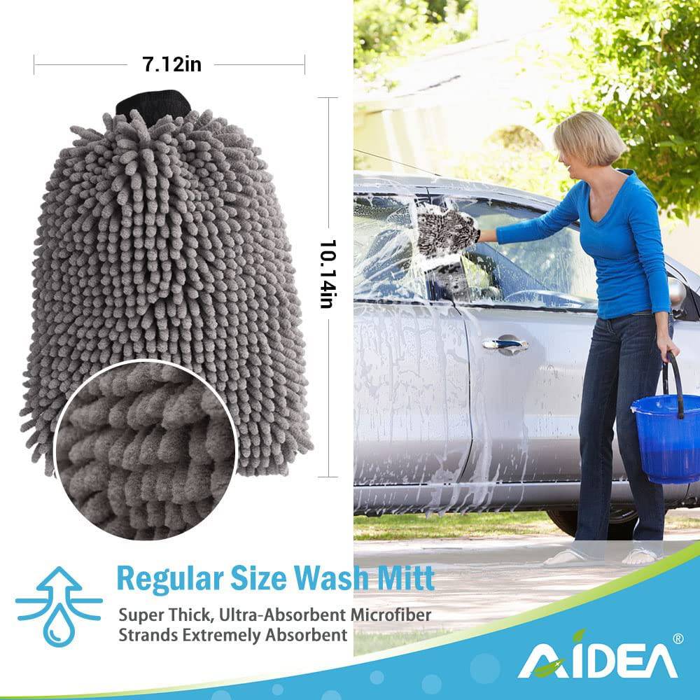 AIDEA - Manopla de microfibra para lavado de autos, paquete de 2, sin rasguños ni pelusas, manopla de lavado de microfibra de chenilla premium, color gris, tamaño regular (7.12 x 10.14 pulgadas)