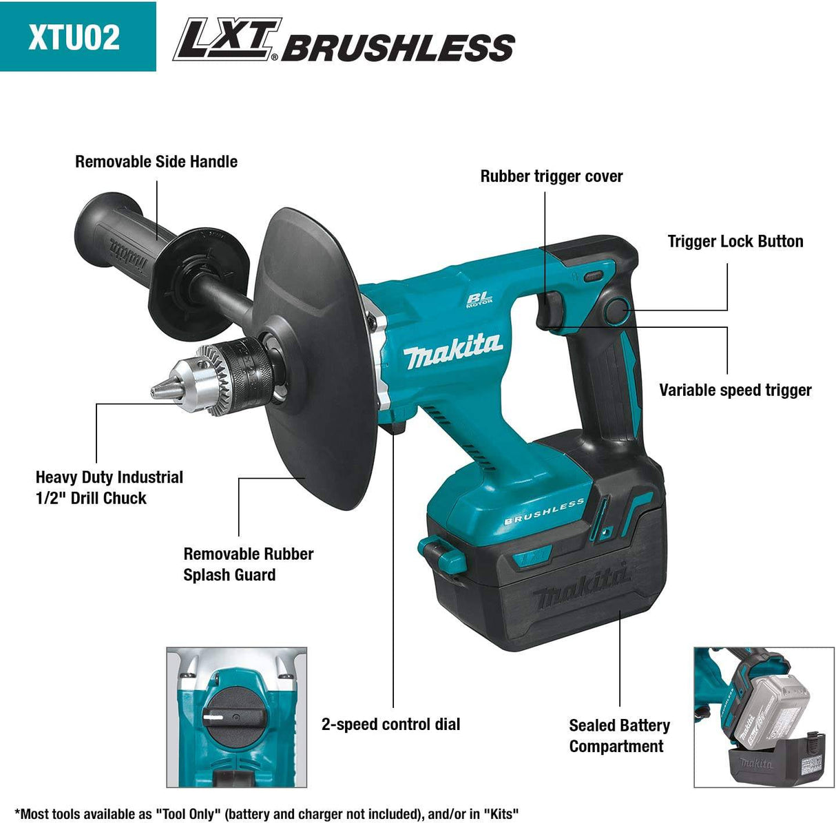 Makita XTU02Z 18V LXT Litio-Ion sin escobillas Mezclador inalámbrico de 1/2 ", solo herramienta - DIGVICE MX