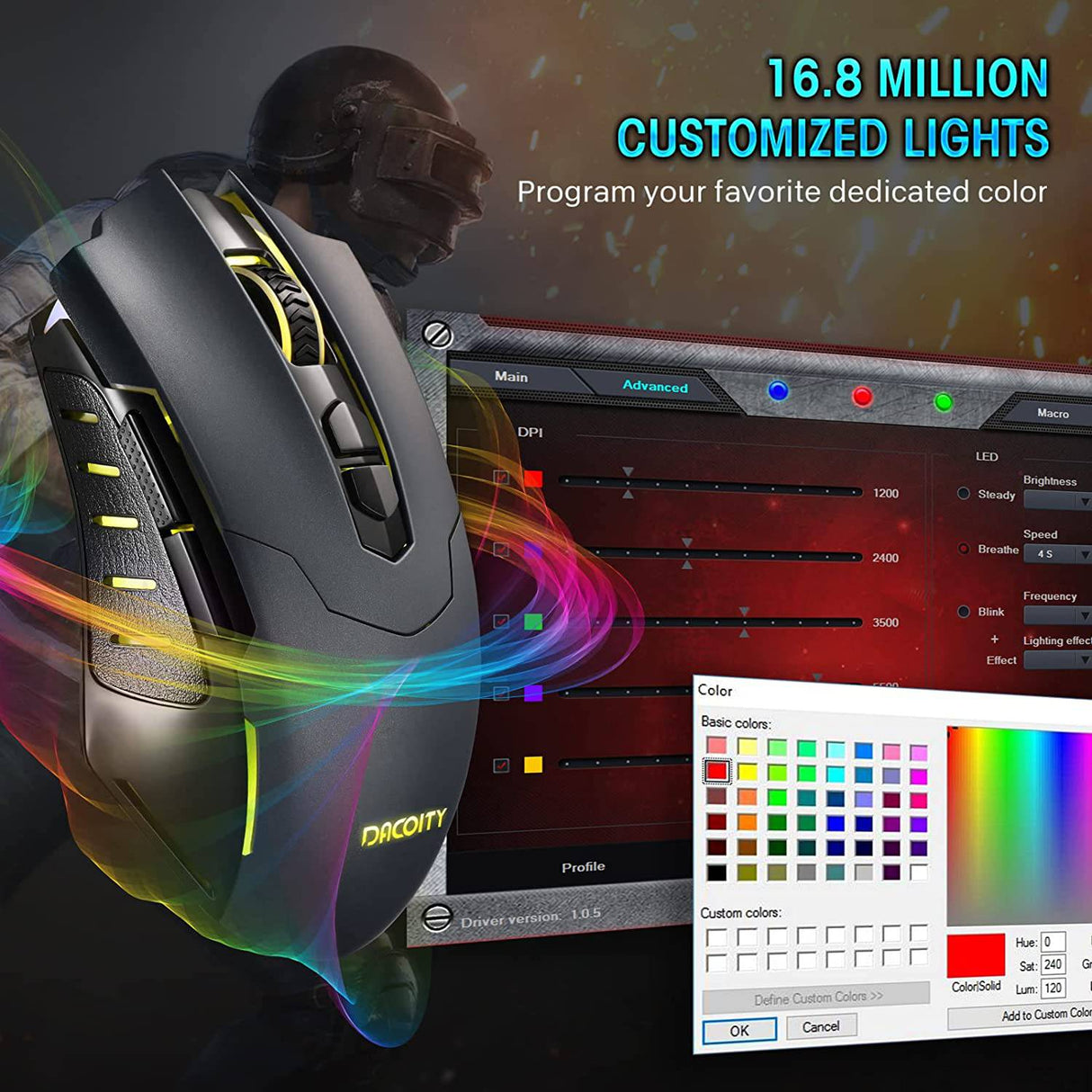 Dacoity - Ratón para juegos con cable, ratón para juegos de PC Gamer Mouse RGB LED 7200 DPI 7 botones programables Plug Play - Negro