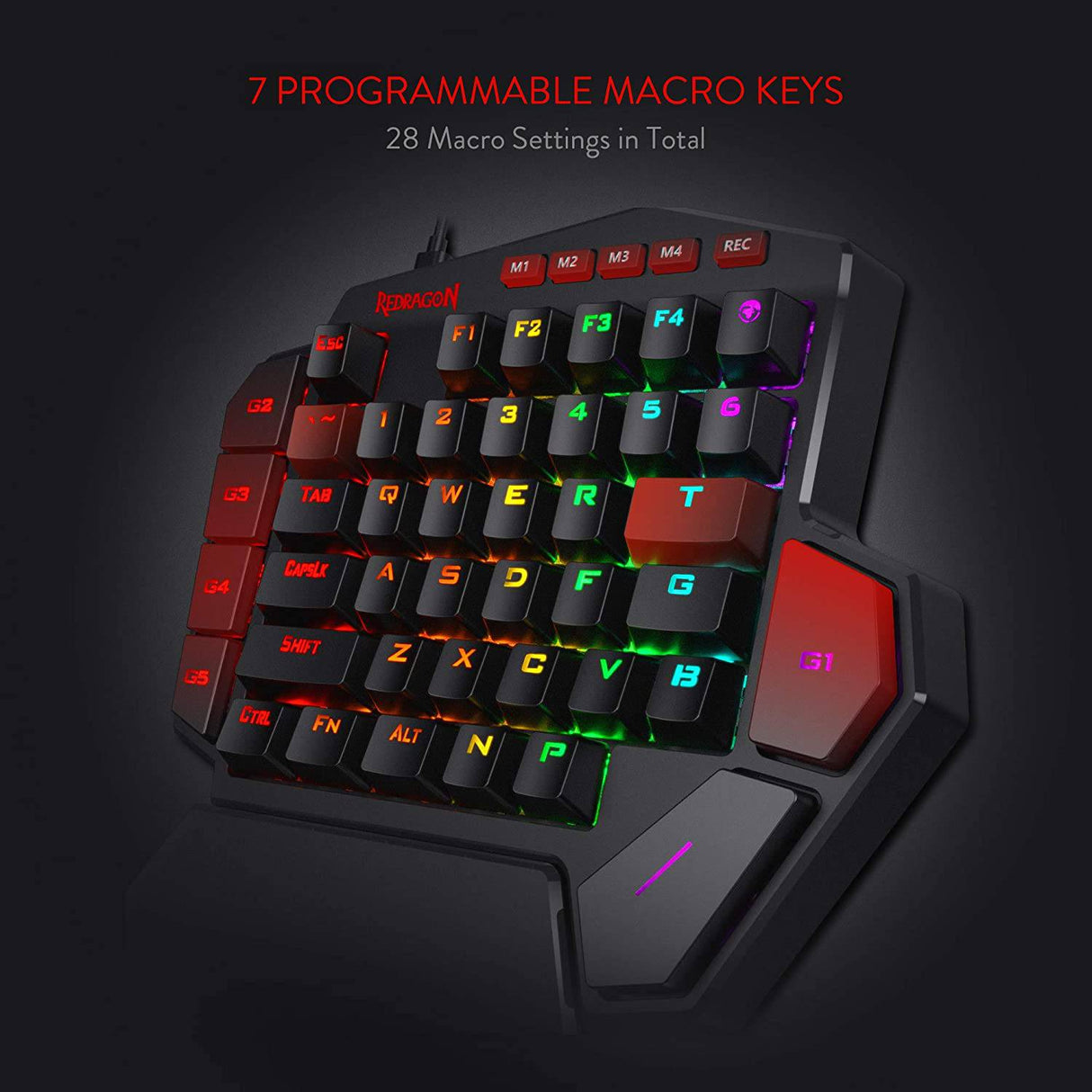 Redragon K585 DITI Teclado mecánico para juegos RGB con una sola mano, teclado para juegos profesional tipo C con 7 teclas macro integradas, reposamuñecas desmontable, 42 teclas (interruptor negro-azul)