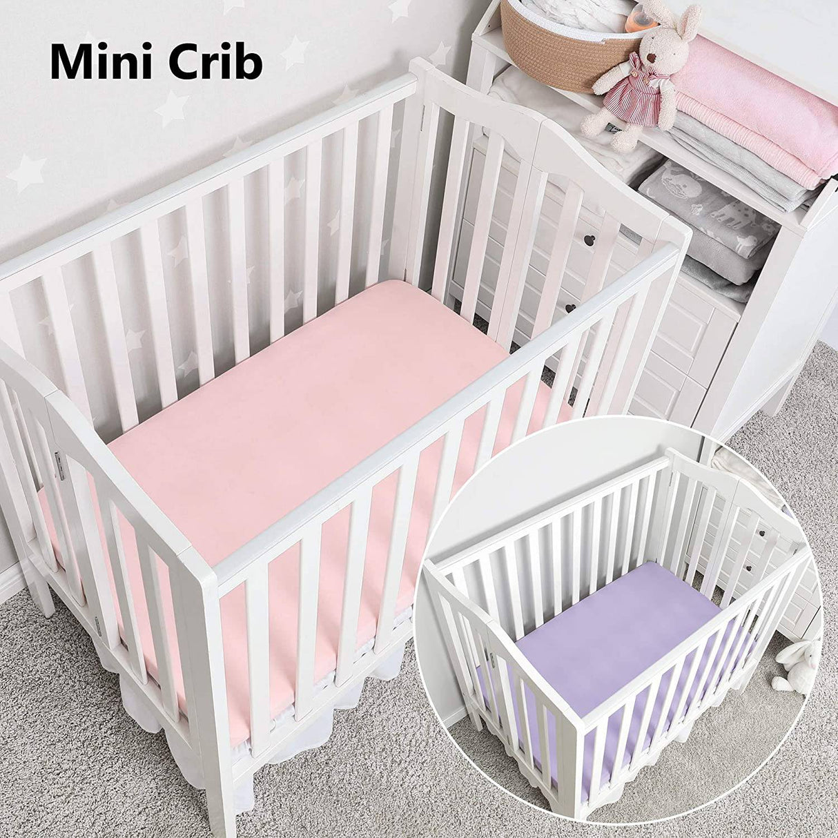 TILLYOU - Juego de 2 sábanas para minicuna, sábana bajera ajustable para minicuna portátil de punto jersey elástico, patio de juegos, parque infantil, sábana de cama para niños y niñas, morado y rosa melocotón - DIGVICE MX