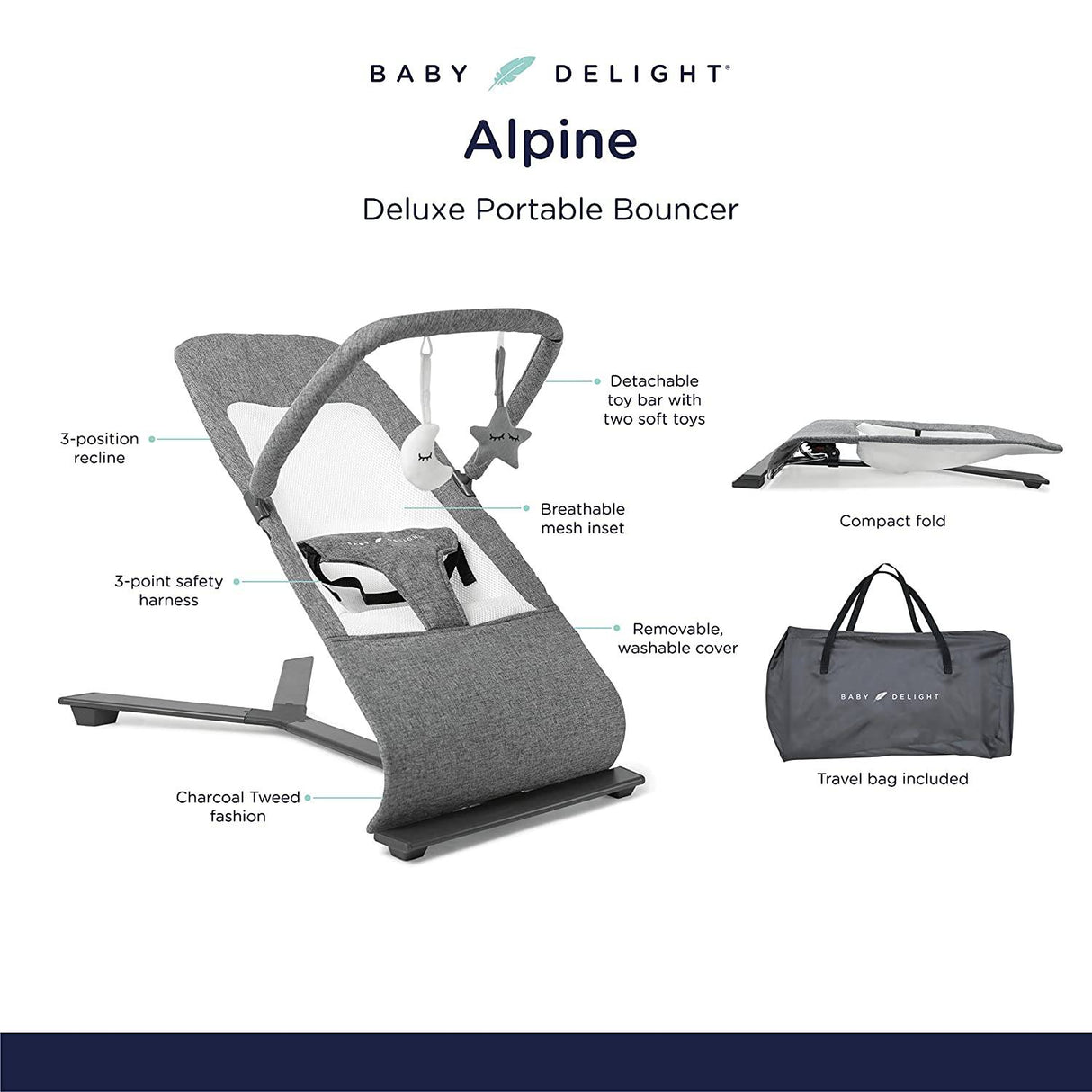 Baby Delight Alpine Deluxe Portable Bouncer, Charcoal Tweed, 28x18x21 pulgadas (paquete de 1) - DIGVICE MX