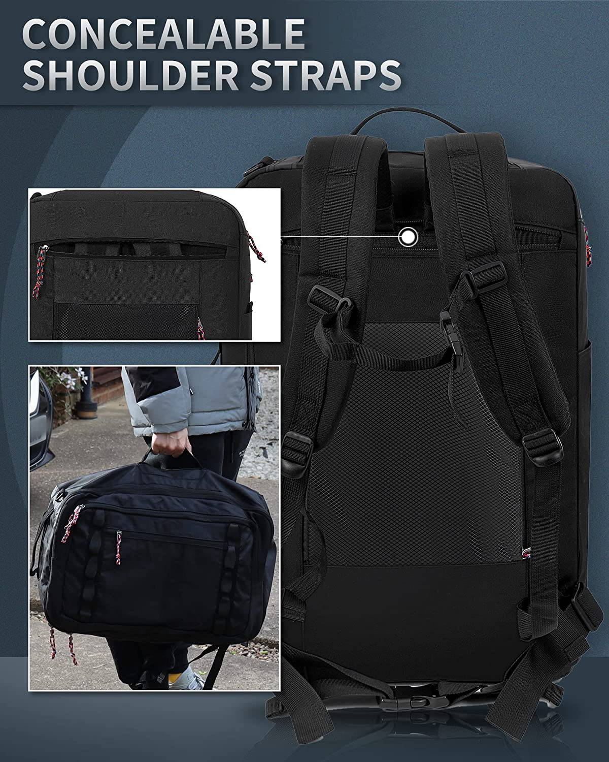 TRAILKICKER - Mochila de viaje de 48 l, mochila de transporte aprobada para vuelos, resistente al agua, bolsa de fin de semana para hombres y mujeres ejecutivos de negocios (48 l, negro)