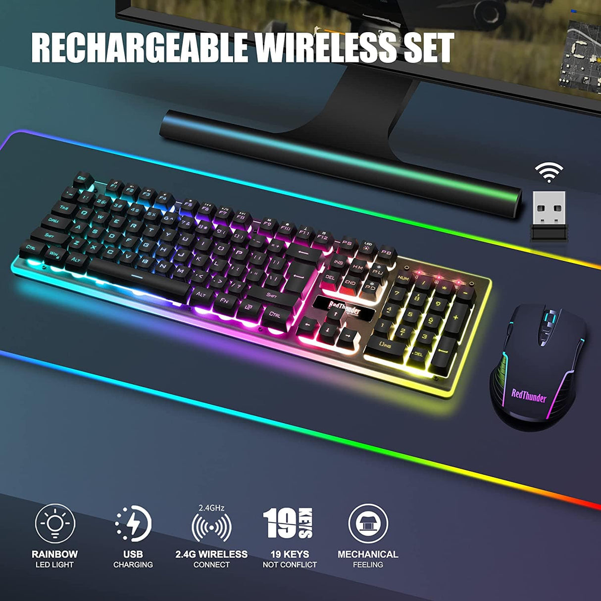 RedThunder K10 Combo de teclado y mouse inalámbricos para juegos, batería recargable con retroiluminación LED de 3800 mAh, teclado mecánico anti-fantasma + ratones 7D 3200DPI para PC Gamer (negro)