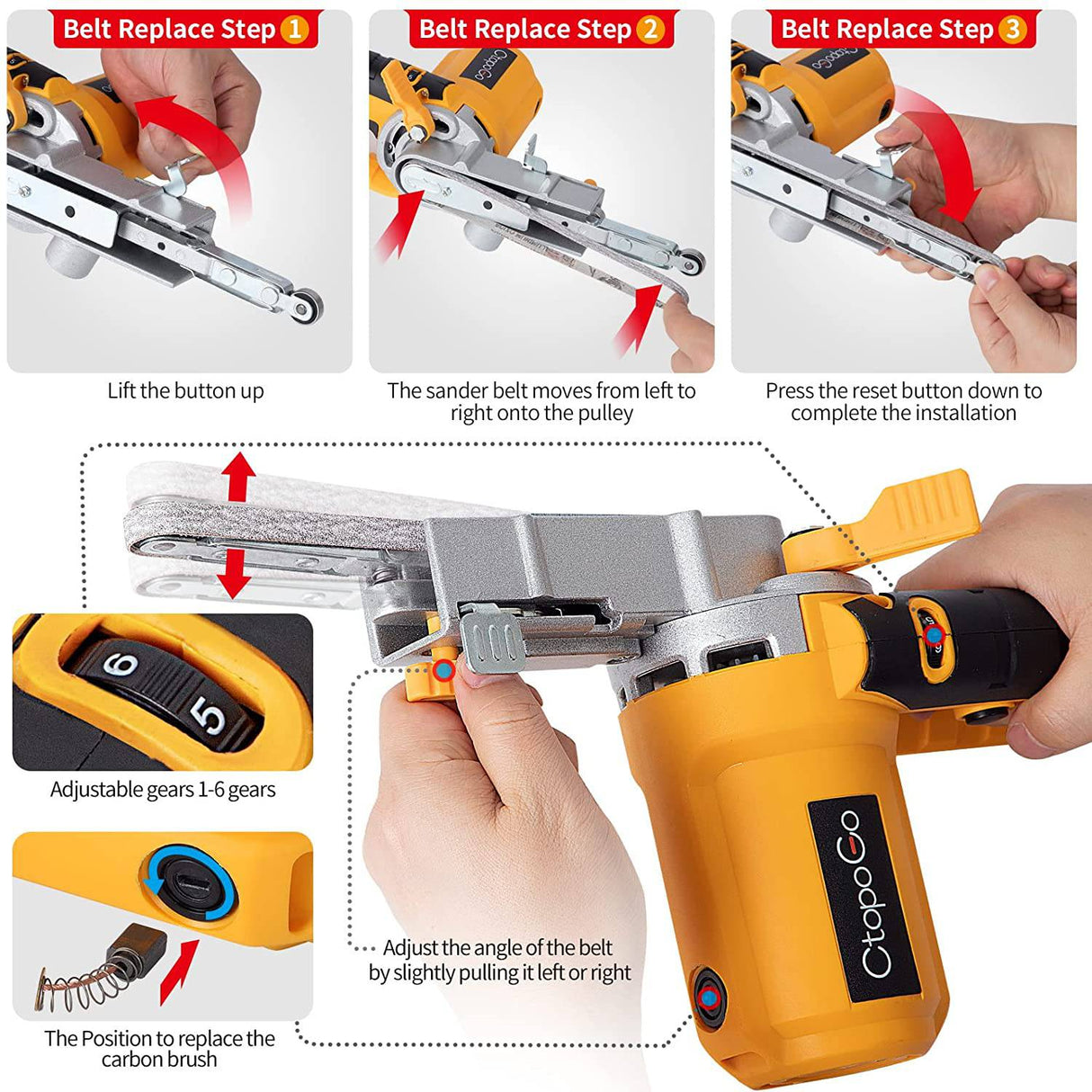 CtopoGo Variable 6 Velocidades Detallado Archivo Lijadora Arena Amoladora de banda eléctrica Detalle de la máquina Lijadora de banda de aire Pulidora Herramienta con 8 piezas de cinturones y bolsa de recolección de polvo - DIGVICE MX