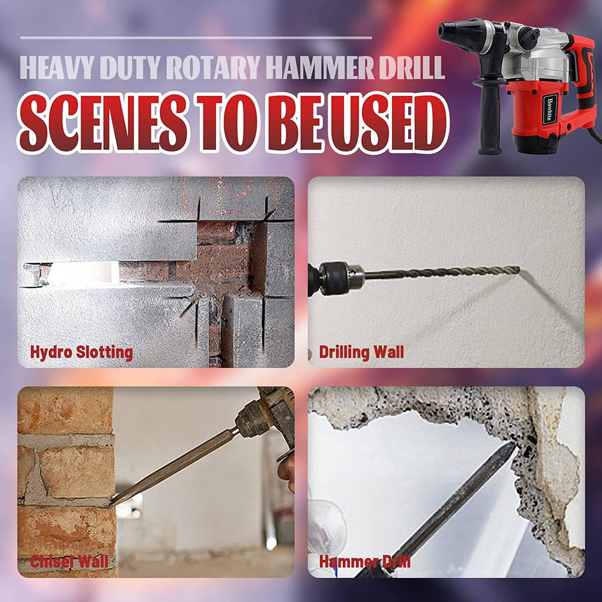 Howhite Taladro de martillo giratorio SDS-Plus de 1-1/4 pulgadas de alta resistencia, 3 funciones con control de vibración incluyendo grasa, cinceles y brocas con funda, guantes y estuche de transporte - DIGVICE MX