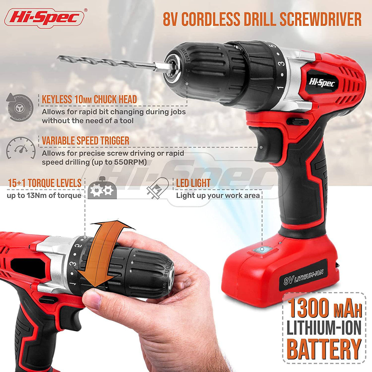 Destornillador eléctrico Hi-Spec de 45 piezas, rojo, 8 V, con juego de accesorios de brocas S2 para taladrado de madera eléctrico inalámbrico - DIGVICE MX