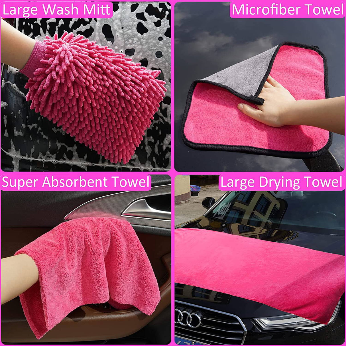 FORCAR - Juego de 29 herramientas de limpieza para coche con fregona de cepillo de mango largo de 41 pulgadas, raspador de agua extensible para ventana de barra larga, manopla de lavado, toallas grandes, caja de almacenamiento color rosa