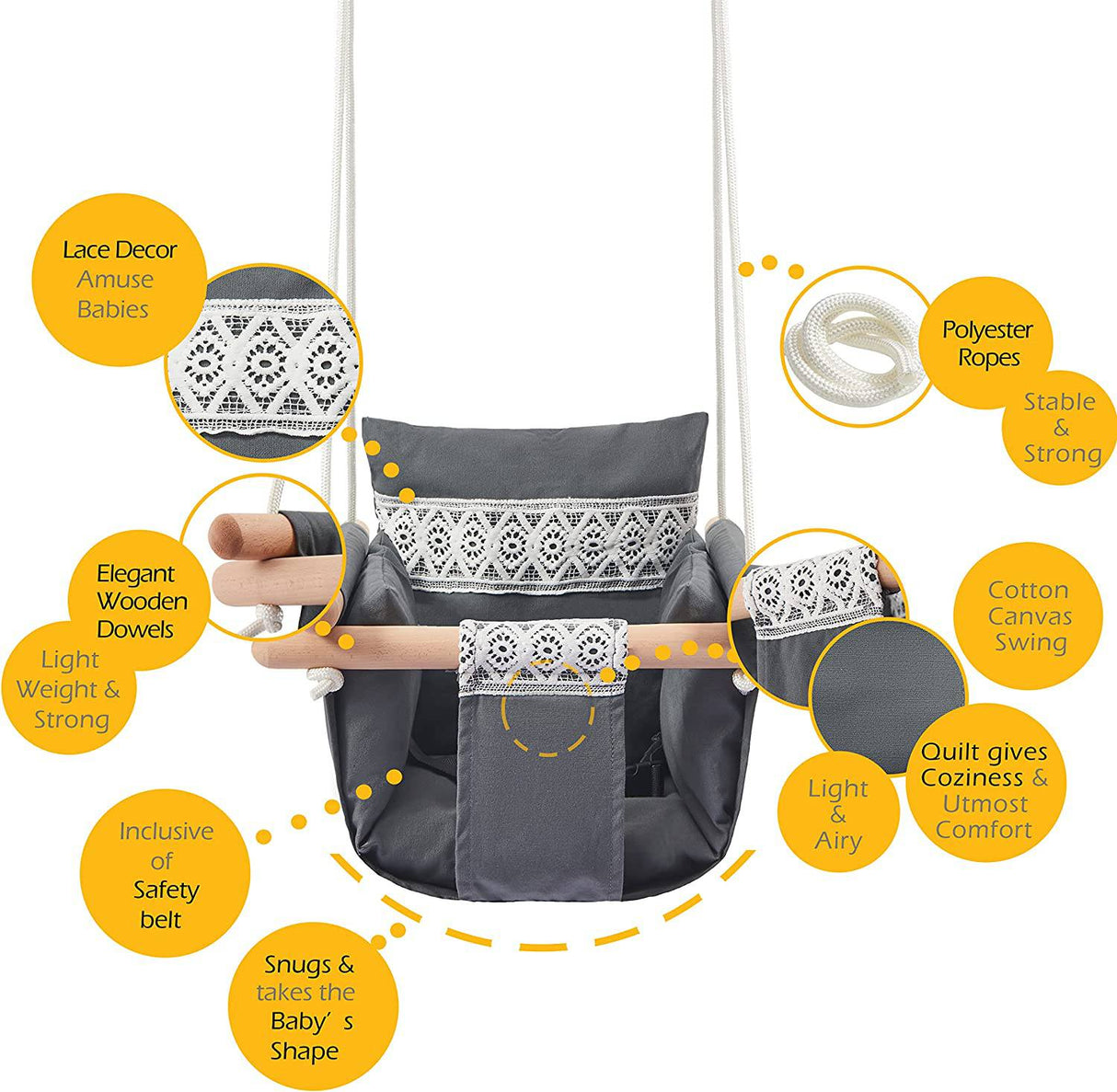 SUNDAYZE - Asiento columpio seguro para bebé con cinturón de seguridad - Silla columpio de lona y madera para bebé con cojín decorativo de encaje - DIGVICE MX