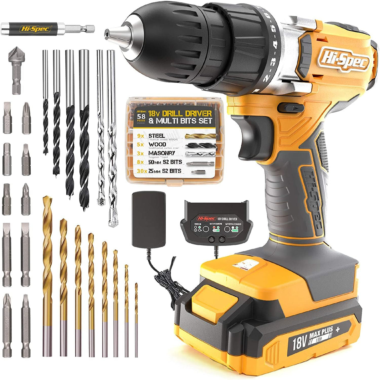 Hi-Spec 58pc Amarillo 18V Taladro Inalámbrico Juego de brocas y destornilladores. Herramienta completa de bricolaje para el hogar y el garaje - DIGVICE MX